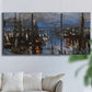 Three-panel canvas wall art featuring Le Havre port at night with lights, displayed in a living room above a sofa.