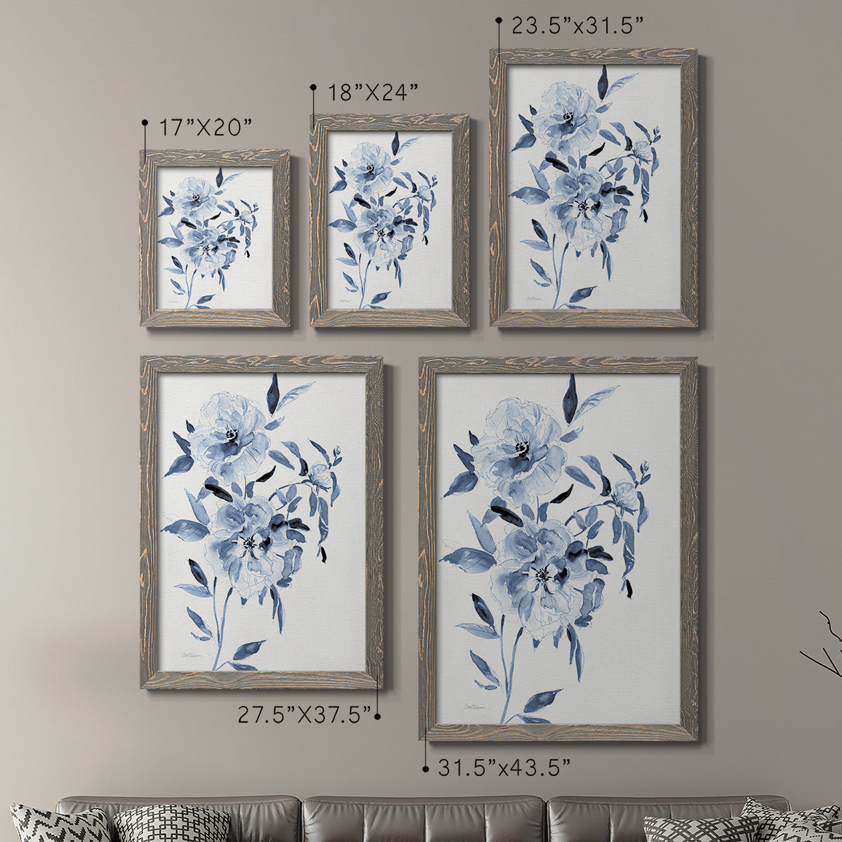 Size comparison chart for a set of two gray barnwood framed canvas prints.