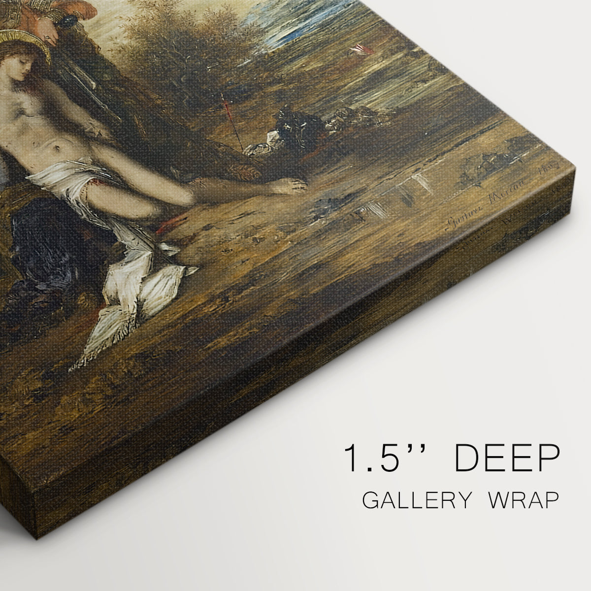 Close-up of a gallery-wrapped canvas corner showing a dramatic scene with symbolic meaning, highlighting texture and print detail.