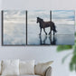 Three-panel canvas wall art featuring running horses captured mid stride, displayed in a living room above a sofa.