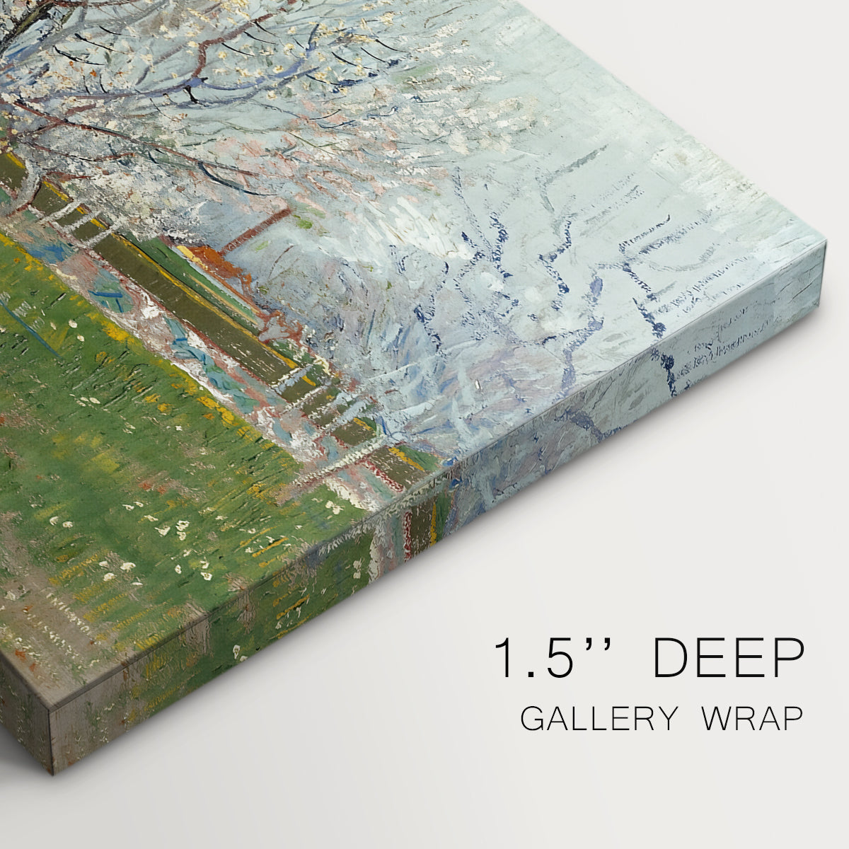 Canvas art print of evenly spaced trees covered in blossoms across flat orchard landscape, highlighting texture and gallery-wrapped edges