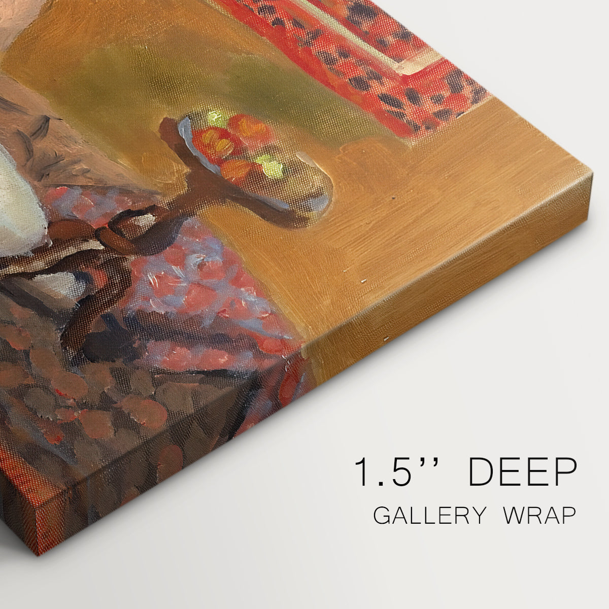 Canvas art print of a reclining nude figure beside bowl of goldfish in colorful interior, highlighting texture and gallery-wrapped edges
