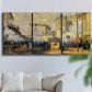 Three-panel canvas wall art featuring calm tropical shoreline at dusk, displayed in a living room above a sofa.