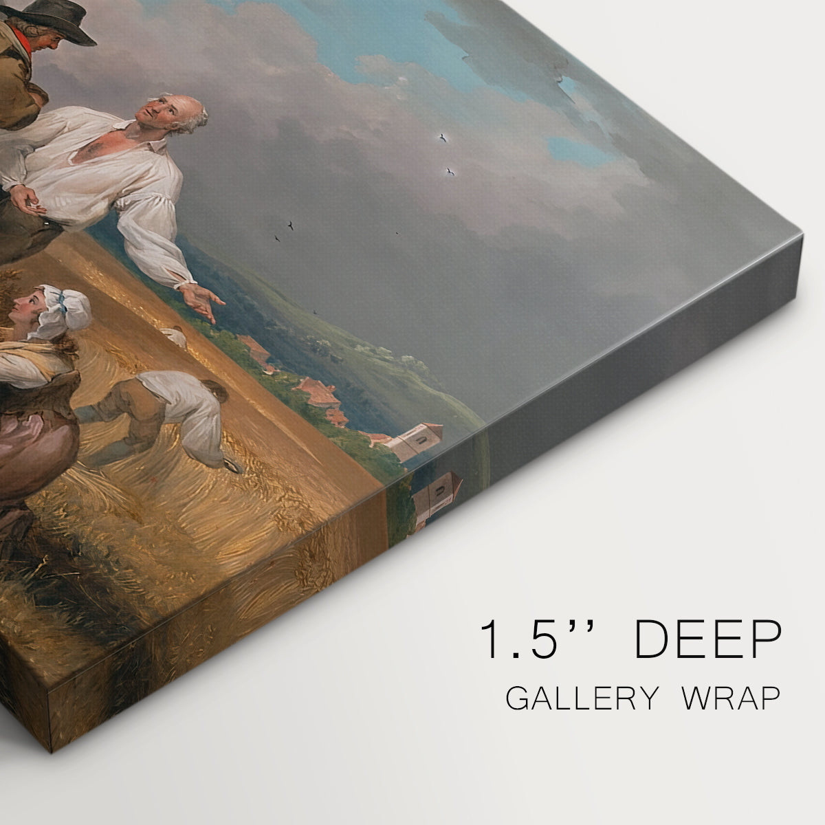 Canvas art print of a group of figures harvesting crops in open rural landscape, highlighting texture and gallery-wrapped edges