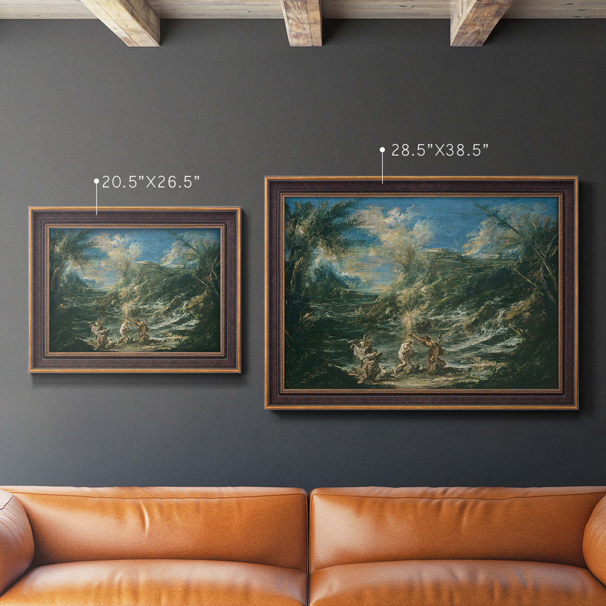 Religious landscape depicting the baptism of Christ by Alessandro Magnasco in an ornate bronzed mahogany wood frame shown in multiple size options.