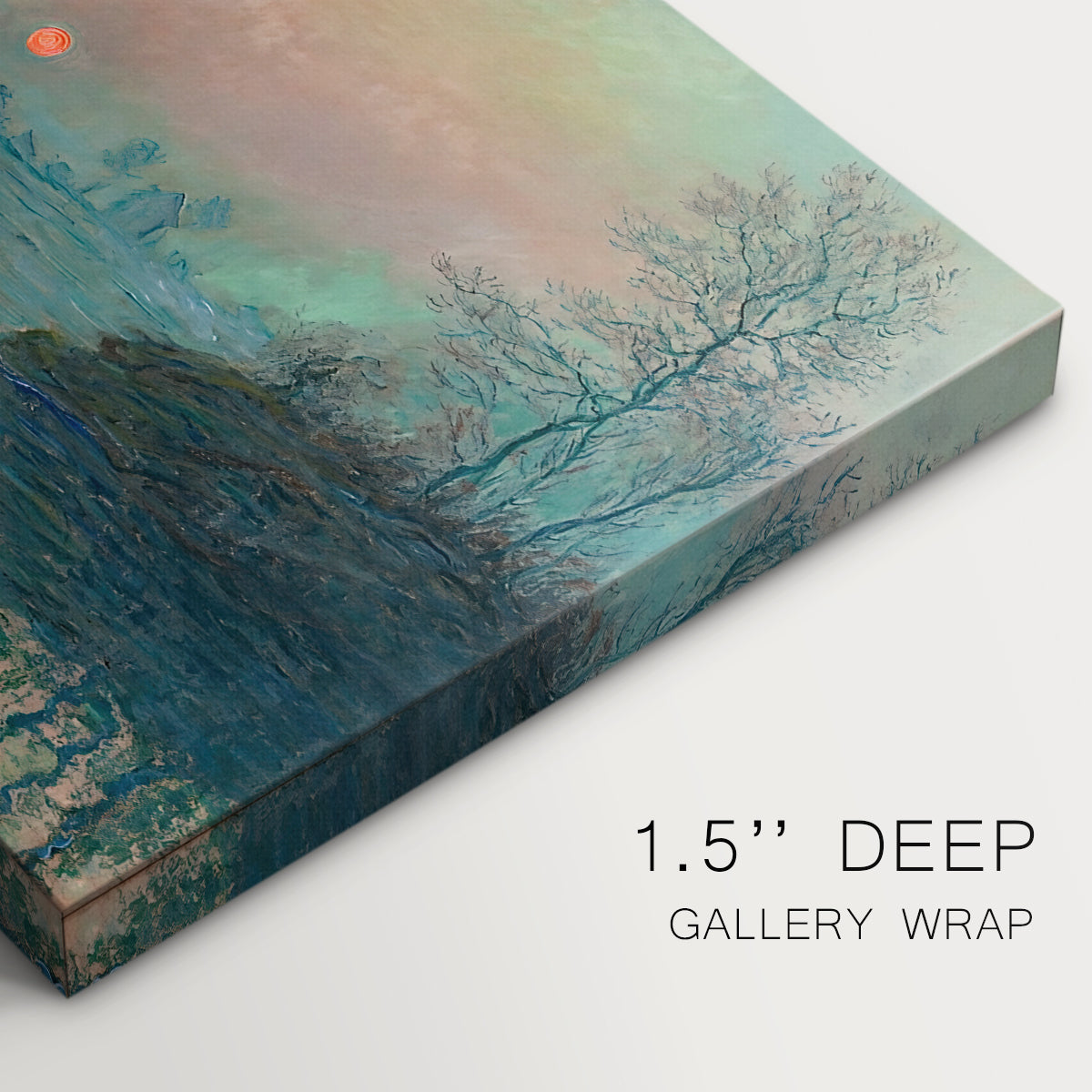 Canvas art print of a glowing sunset over snowy river landscape with soft reflections, highlighting texture and gallery-wrapped edges