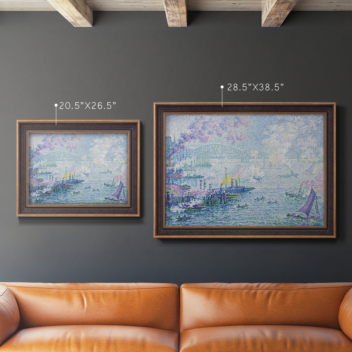 Impressionist industrial harbor scene by Paul Signac in an ornate bronzed mahogany wood frame shown in multiple size options.