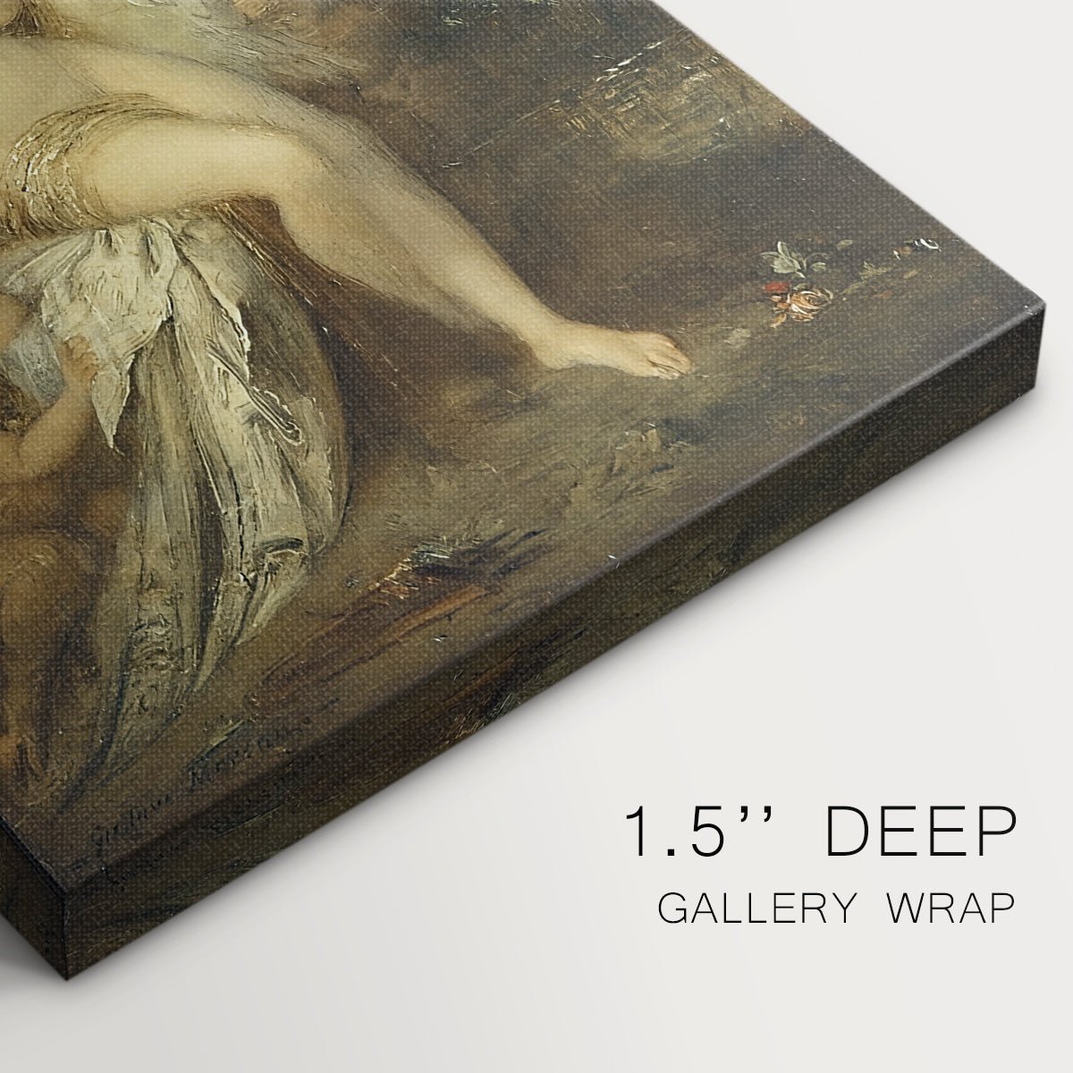 Close-up of a gallery-wrapped canvas corner showing a classical-inspired image with rich texture, highlighting texture and print detail.
