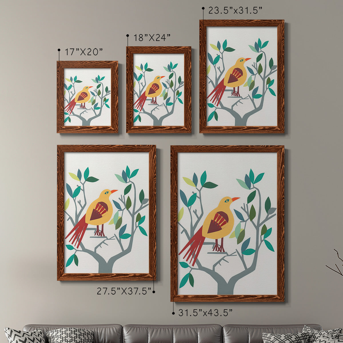 Size comparison chart for a set of two maple barnwood framed canvas prints.