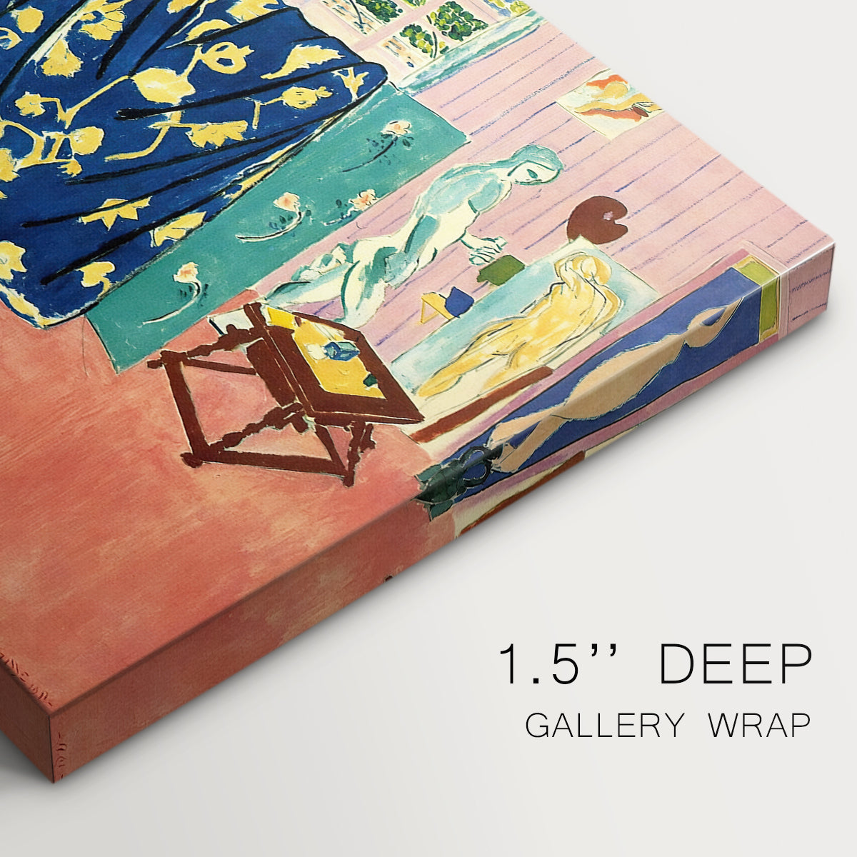 Canvas art print of a studio interior filled with objects in pink tones, highlighting texture and gallery-wrapped edges