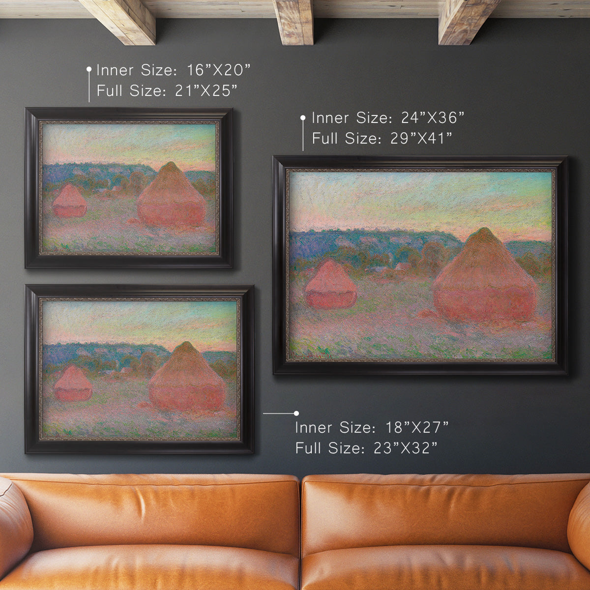 Impressionist haystack series landscape by Claude Monet in an ornate black frame with gilded inner detail shown in multiple size options.