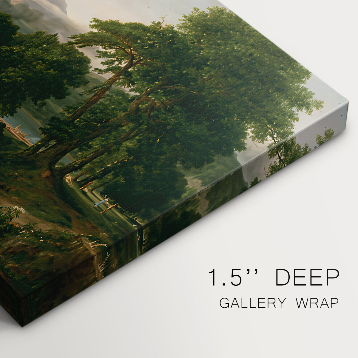 Canvas art print of a peaceful pastoral landscape with figures farming and grazing animals, highlighting texture and gallery-wrapped edges