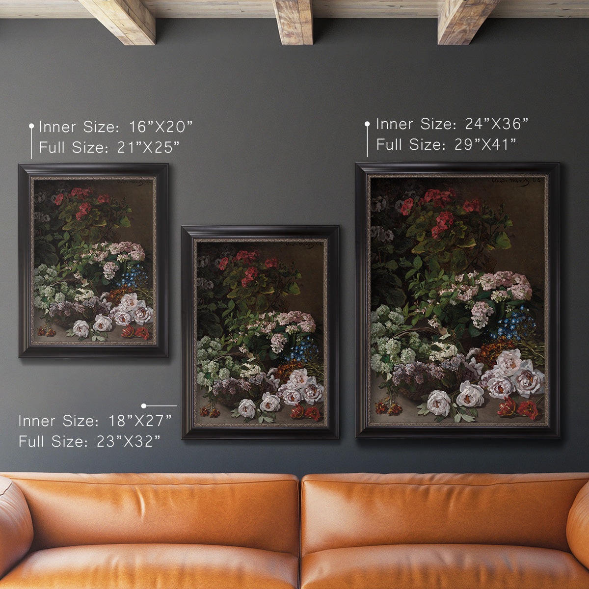 Early impressionist floral painting by Claude Monet in an ornate black frame with gilded inner detail shown in multiple vertical size options.