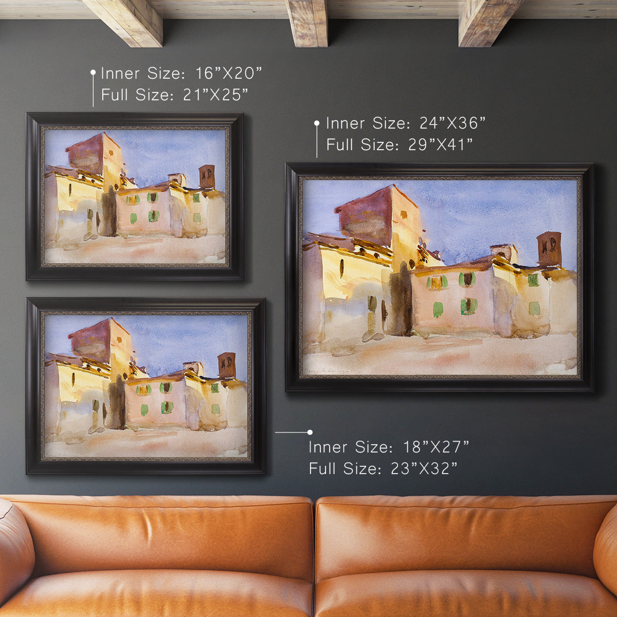 Impressionist Italian village scene by John Singer Sargent in an ornate black frame with gilded inner detail shown in multiple size options.