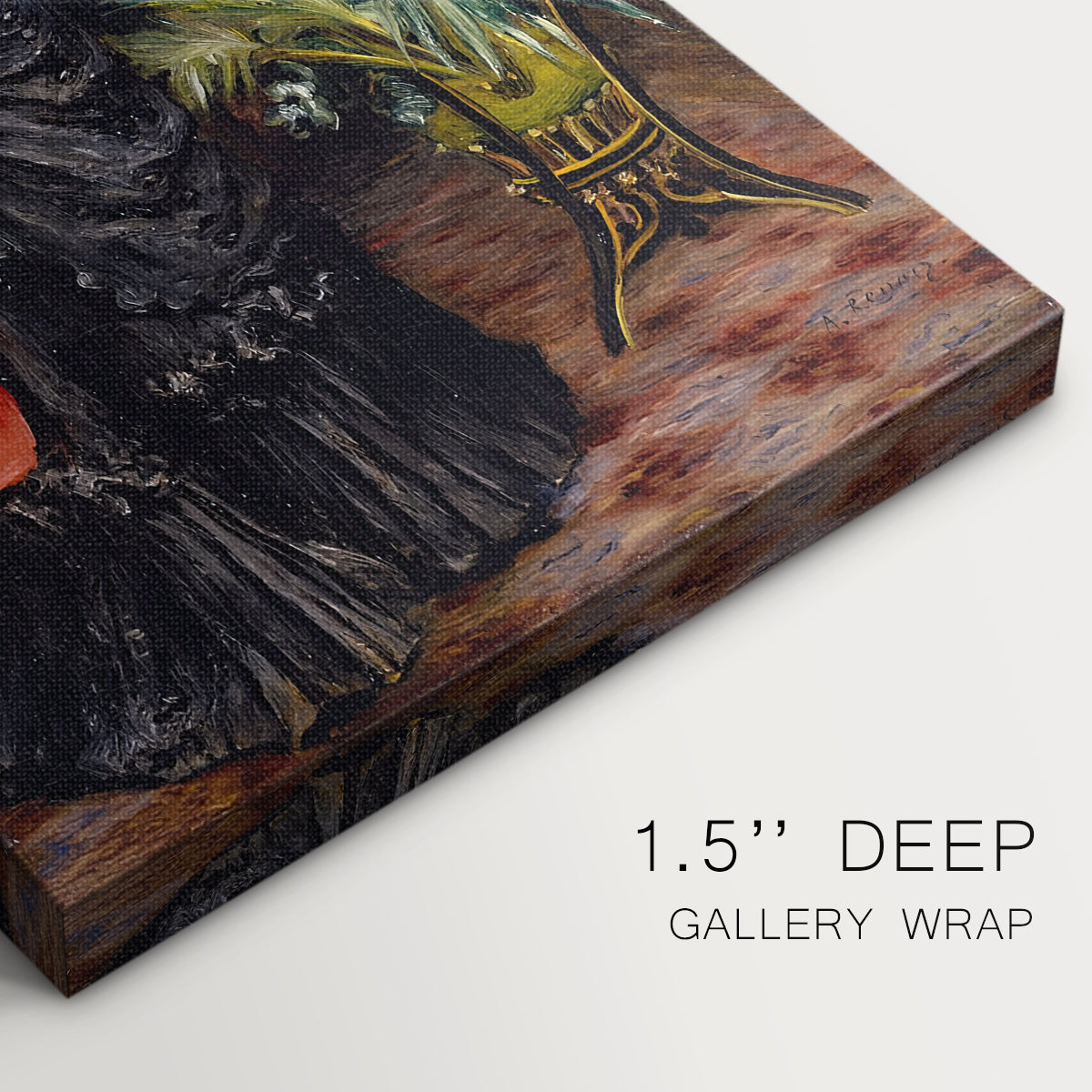 Close-up of a gallery-wrapped canvas corner showing a vibrant composition with floral elements and gentle light, highlighting texture and print detail.