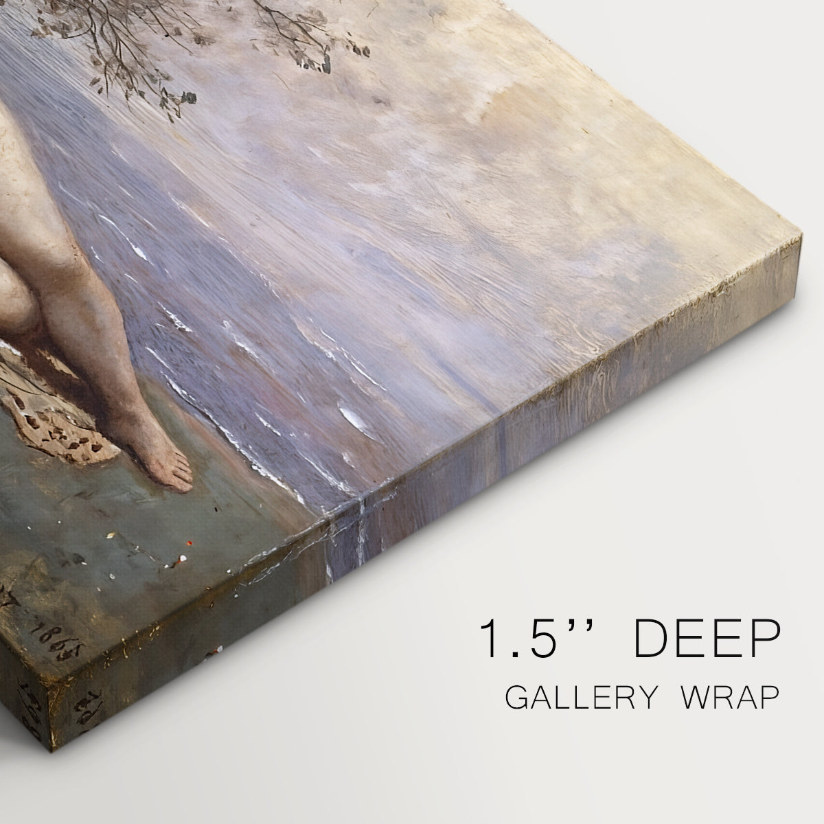 Canvas art print of a reclining female figure near shoreline with calm water behind, highlighting texture and gallery-wrapped edges