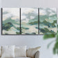 Three-panel canvas wall art featuring lush green hillside rolling landscape, displayed in a living room above a sofa.