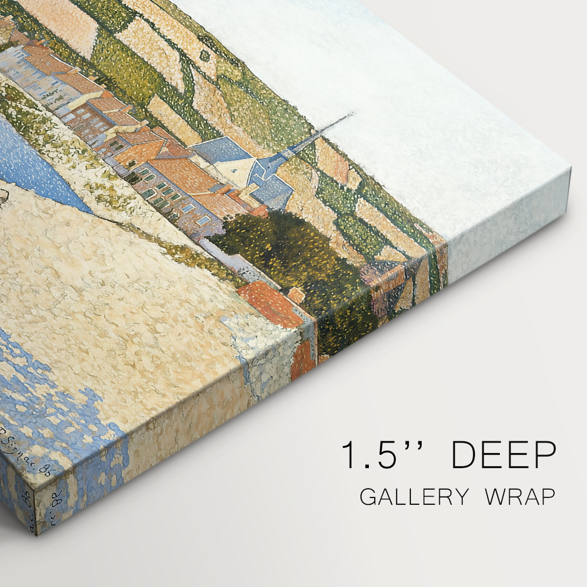 Canvas art print of a riverside with buildings and flowing water, highlighting texture and gallery-wrapped edges