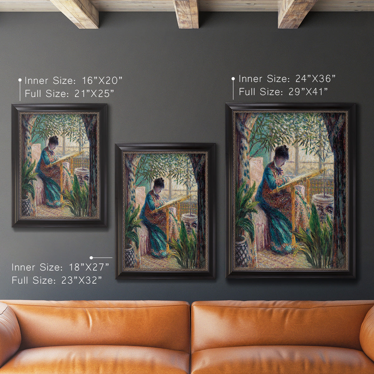 Impressionist portrait of Madame Monet sewing by Claude Monet in an ornate black frame with gilded inner detail shown in multiple vertical size options.