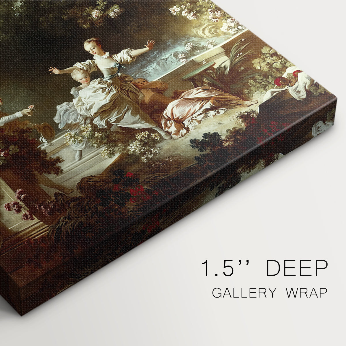 Close-up of a gallery-wrapped canvas corner showing a lively setting with figures and soft brushwork, highlighting texture and print detail.