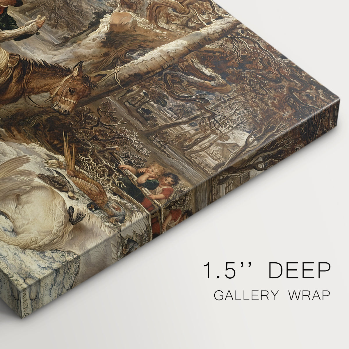Canvas art print of a group of hunters and dogs gathered after hunt in countryside, highlighting texture and gallery-wrapped edges