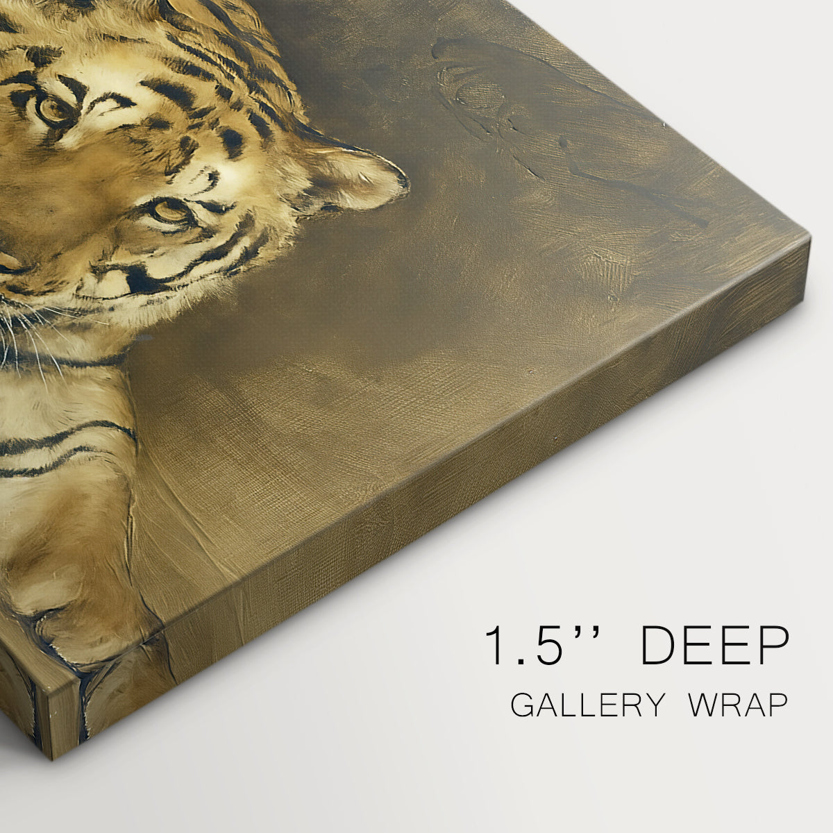 Canvas art print of a tiger lying in resting position with detailed form, highlighting texture and gallery-wrapped edges