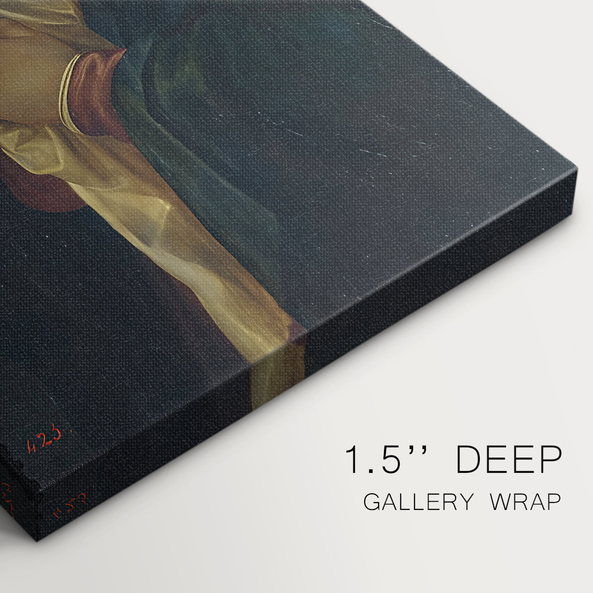 Close-up of a gallery-wrapped canvas corner showing a quiet portrait with spiritual presence, highlighting texture and print detail.