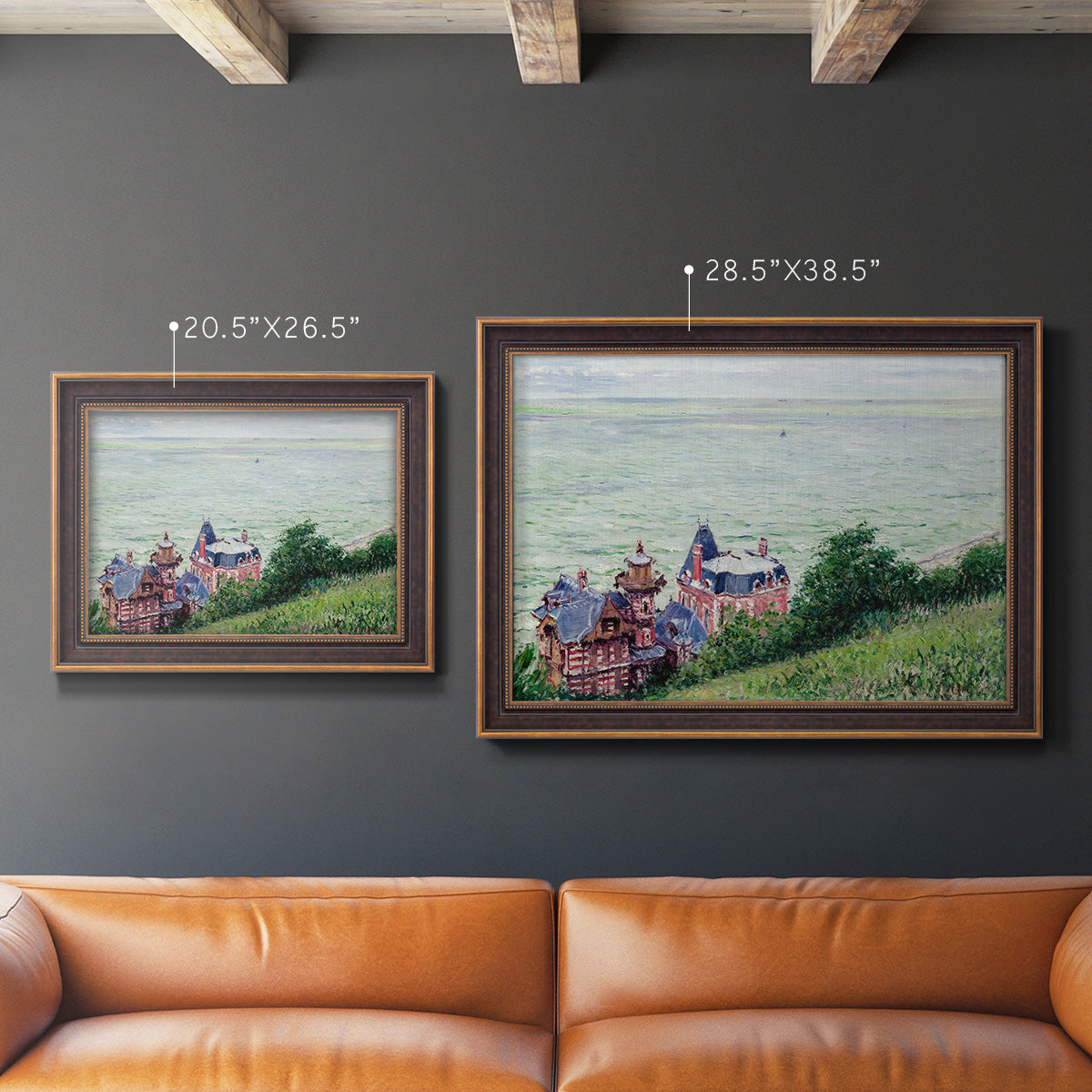 Impressionist coastal villas landscape by Gustave Caillebotte in an ornate bronzed mahogany wood frame shown in multiple size options.
