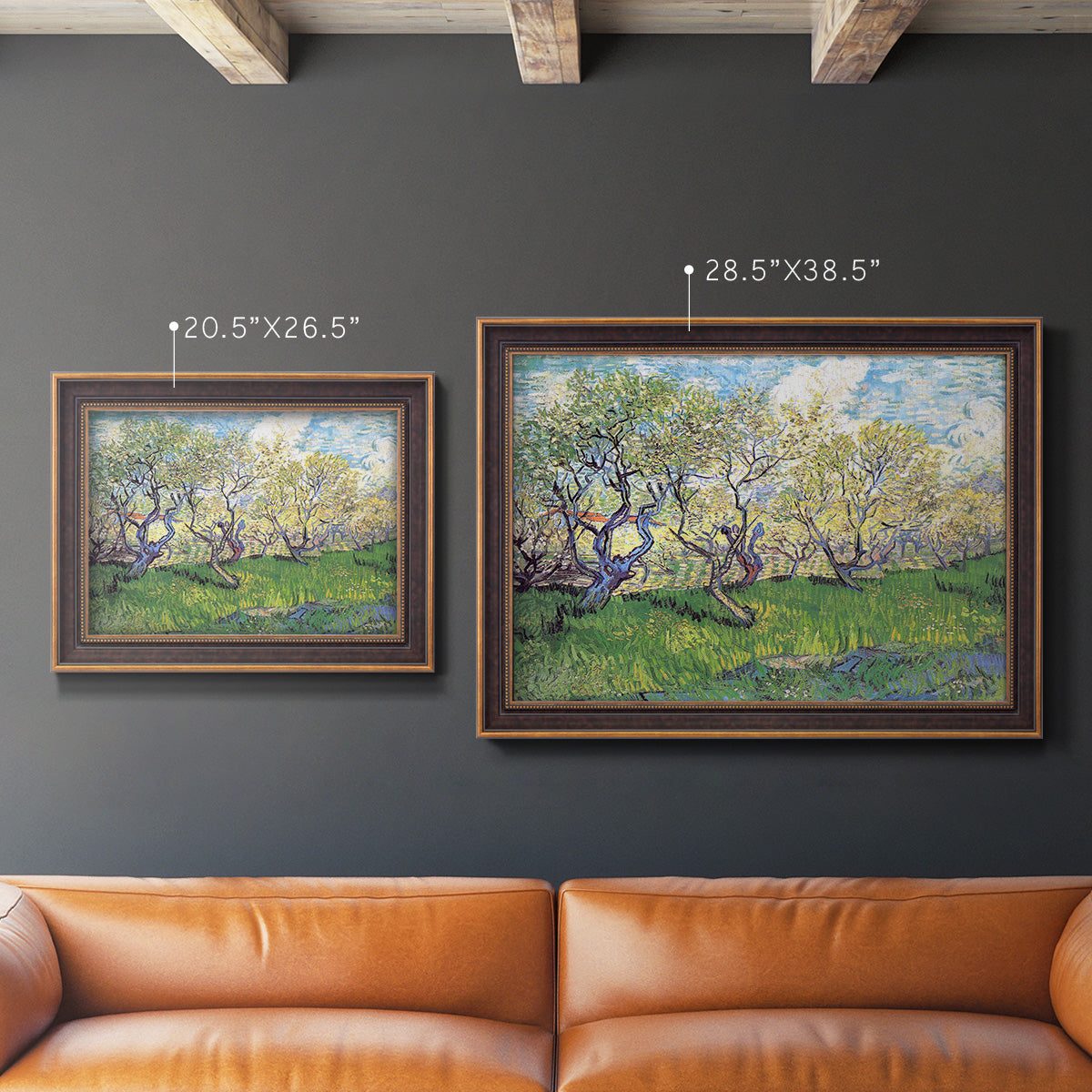 Impressionist spring orchard landscape by Vincent van Gogh in an ornate bronzed mahogany wood frame shown in multiple size options.