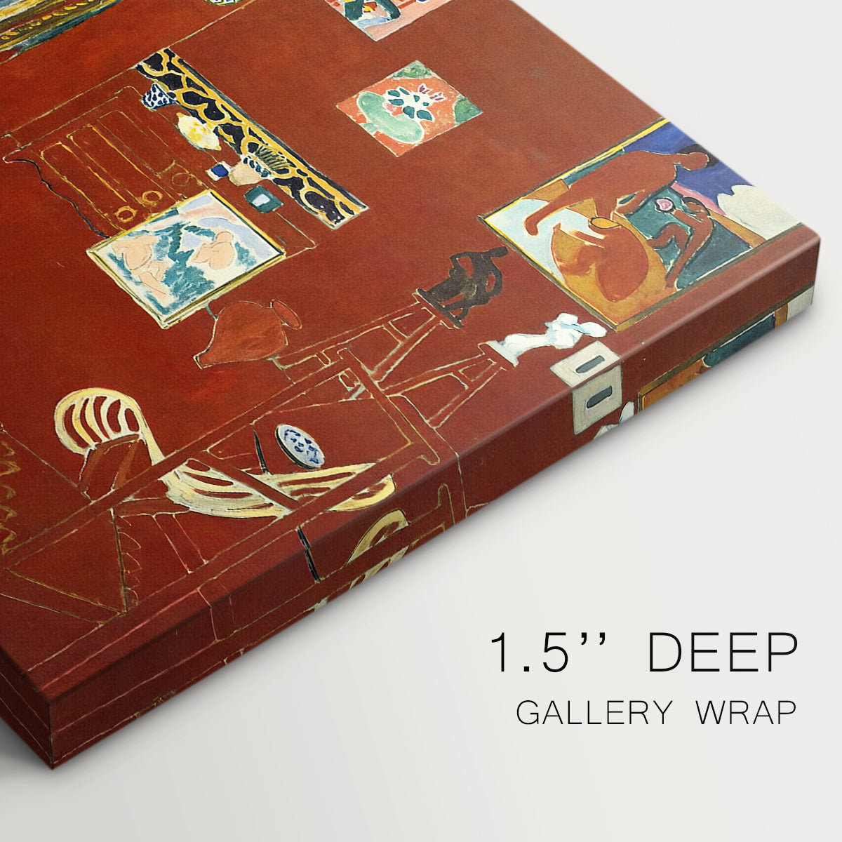 Canvas art print of a red studio interior with furniture and artworks, highlighting texture and gallery-wrapped edges