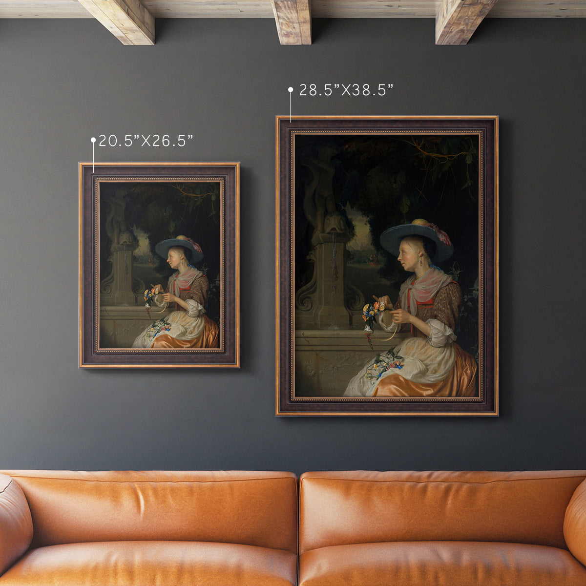 Classical interior scene of a woman weaving flowers by Godfried Schalcken in an ornate bronzed mahogany wood frame shown in multiple vertical size options.
