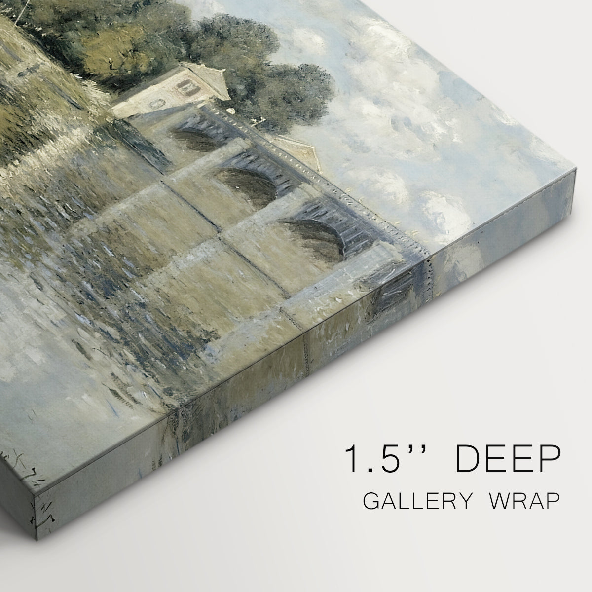 Canvas art print of a bridge spanning river with sailboats and reflections in water, highlighting texture and gallery-wrapped edges