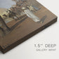 Close-up of a gallery-wrapped canvas corner showing a calm desert scene with soft light and depth, highlighting texture and print detail.