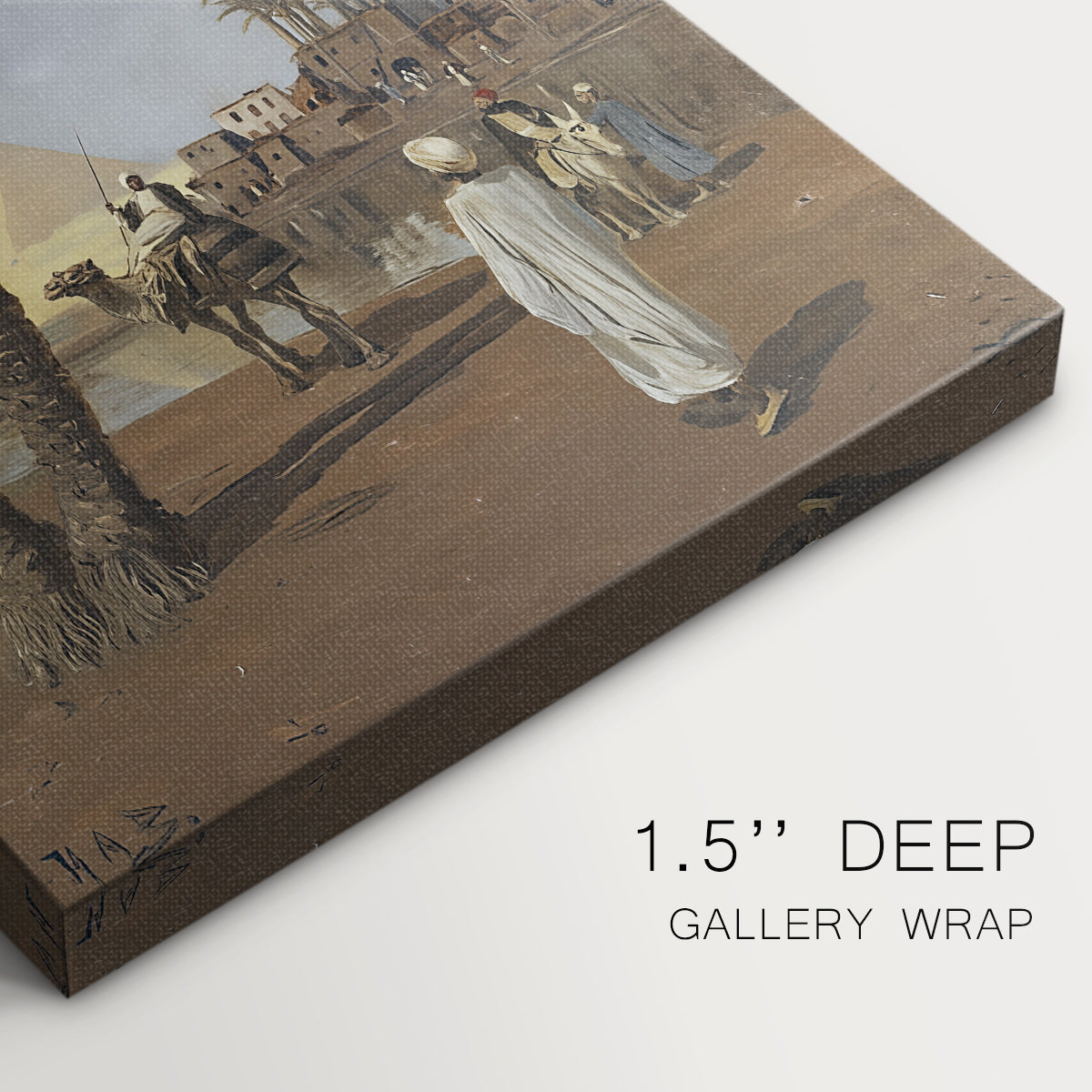 Close-up of a gallery-wrapped canvas corner showing a calm desert scene with soft light and depth, highlighting texture and print detail.