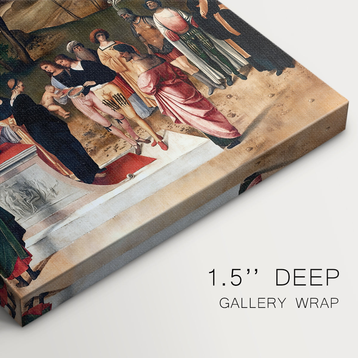 Close-up of a gallery-wrapped canvas corner showing a historic moment depicted with calm, ordered detail, highlighting texture and print detail.