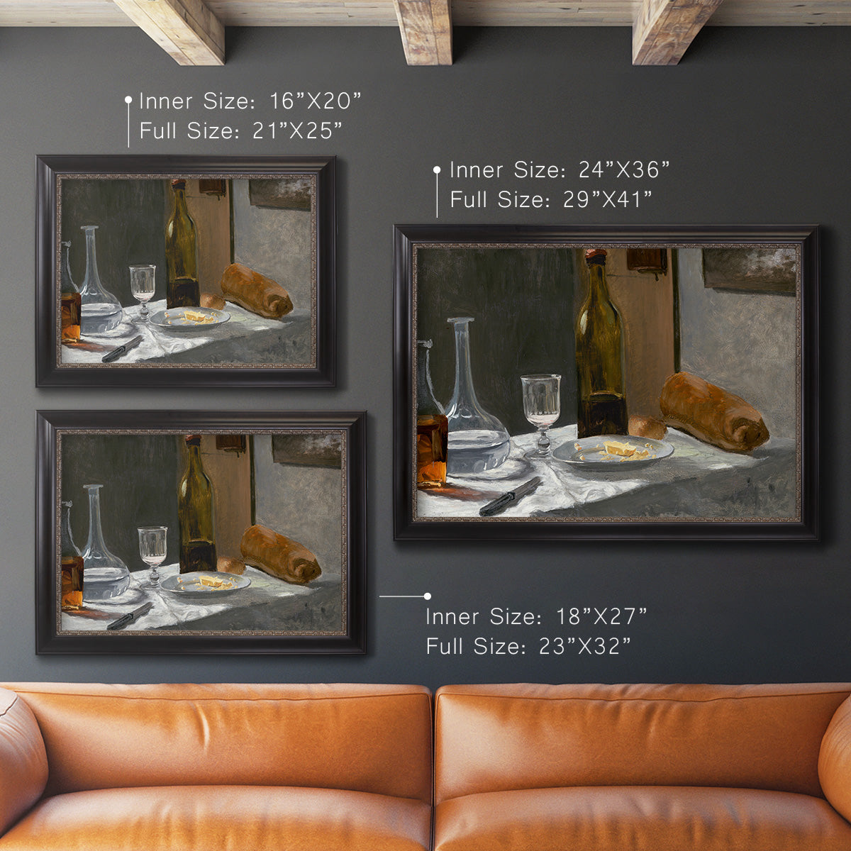 Impressionist still life with wine and bread by Claude Monet in an ornate black frame with gilded inner detail shown in multiple size options.