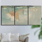 Three-panel canvas wall art featuring minimalist abstract emotional fields, displayed in a living room above a sofa.