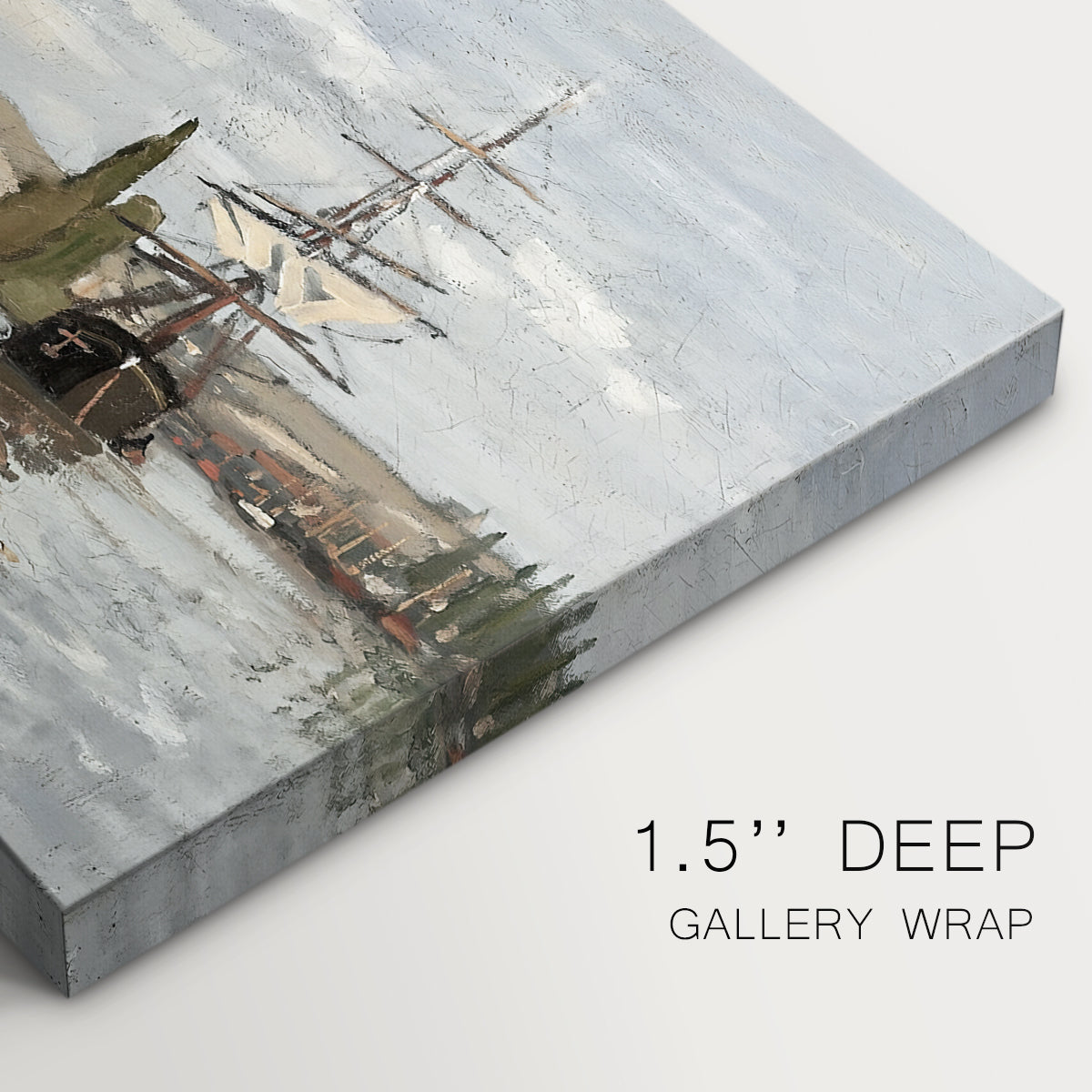 Canvas art print of large ships docked along the Seine with masts rising against soft sky, highlighting texture and gallery-wrapped edges