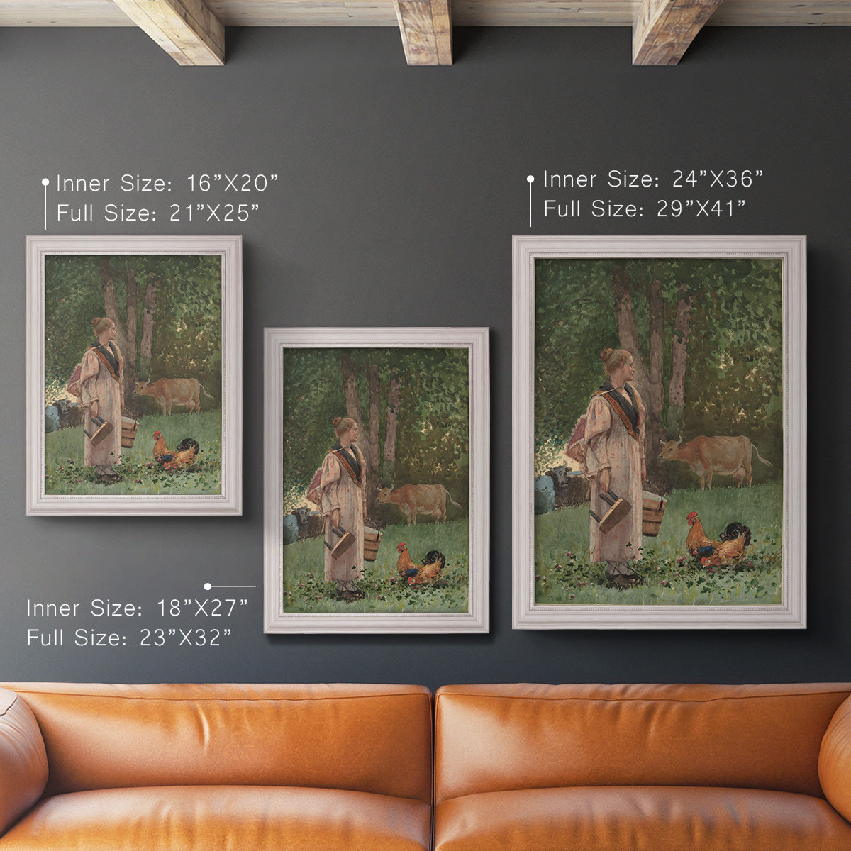 Realist genre scene of a milkmaid by Winslow Homer in an ornate weathered white frame shown in multiple vertical size options.