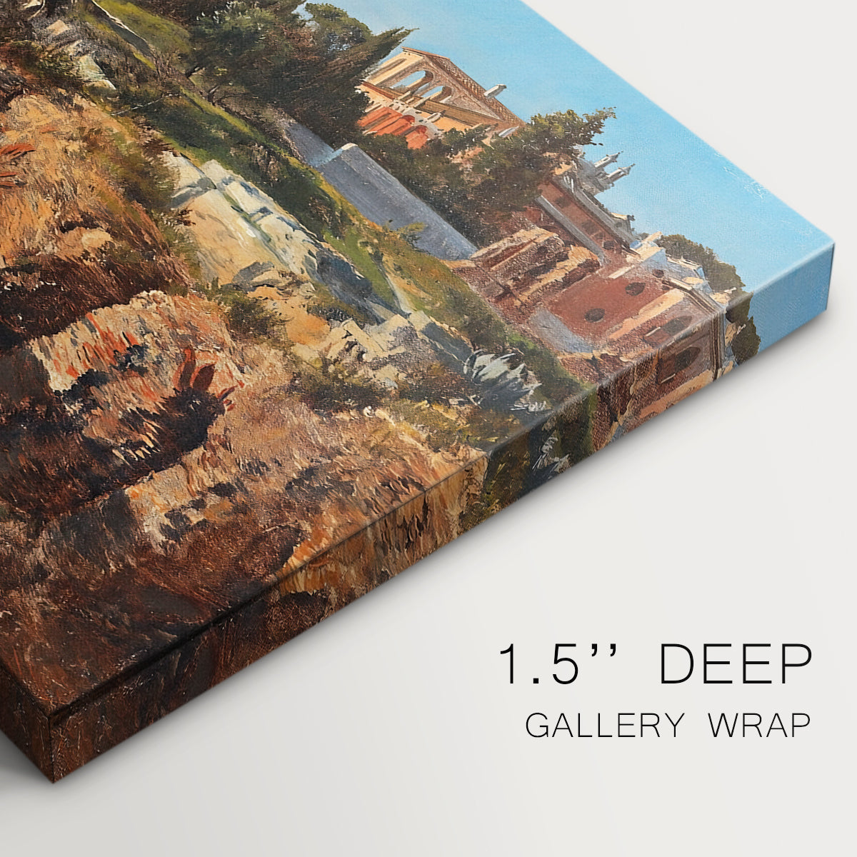 Canvas art print of historic Roman ruins and buildings set within warm landscape, highlighting texture and gallery-wrapped edges