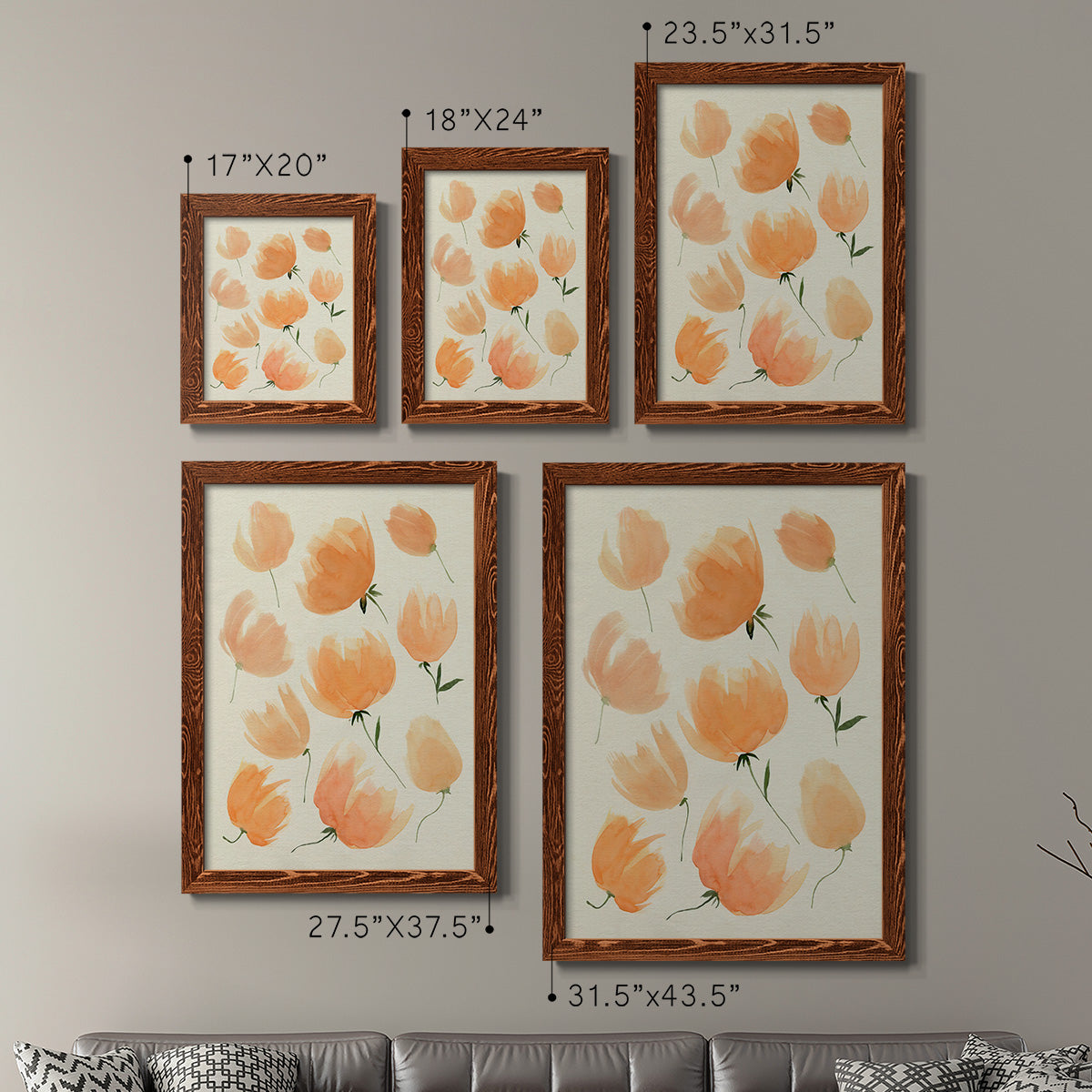 Size comparison chart for a set of two maple barnwood framed canvas prints.