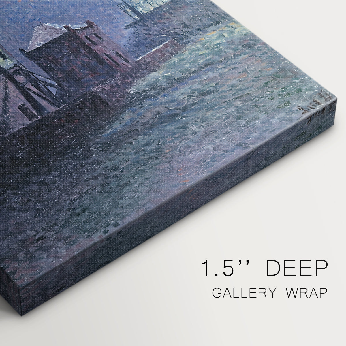 Close-up of a gallery-wrapped canvas corner showing a moody composition with structure and glowing highlights, highlighting texture and print detail.