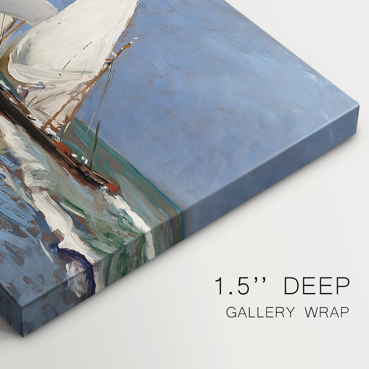 Canvas art print of boats and figures gathered along busy beach with sails and water, highlighting texture and gallery-wrapped edges