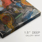Close-up of a gallery-wrapped canvas corner showing a dynamic interior with figures and bold color accents, highlighting texture and print detail.