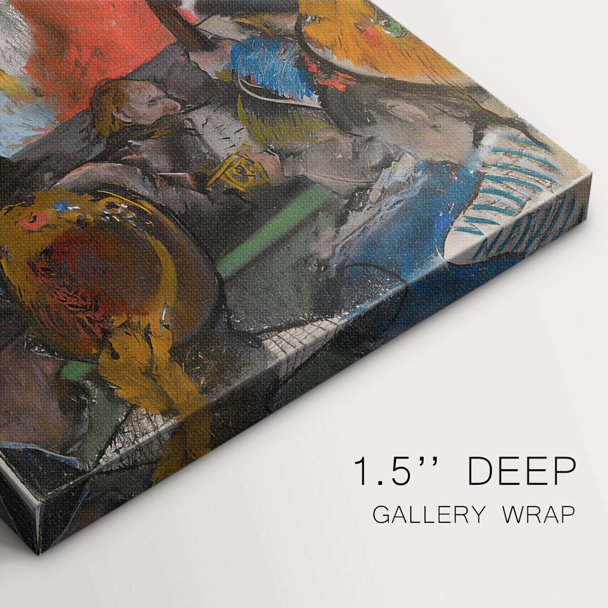 Close-up of a gallery-wrapped canvas corner showing a dynamic interior with figures and bold color accents, highlighting texture and print detail.