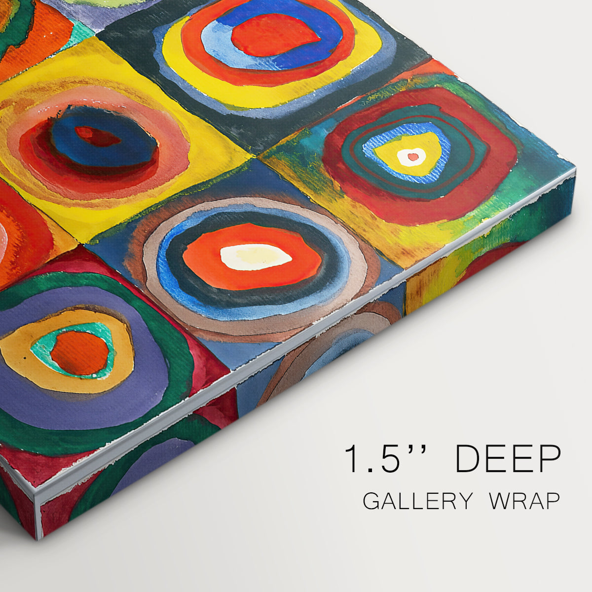 Canvas art print of a grid of squares each containing concentric circular color patterns, highlighting texture and gallery-wrapped edges