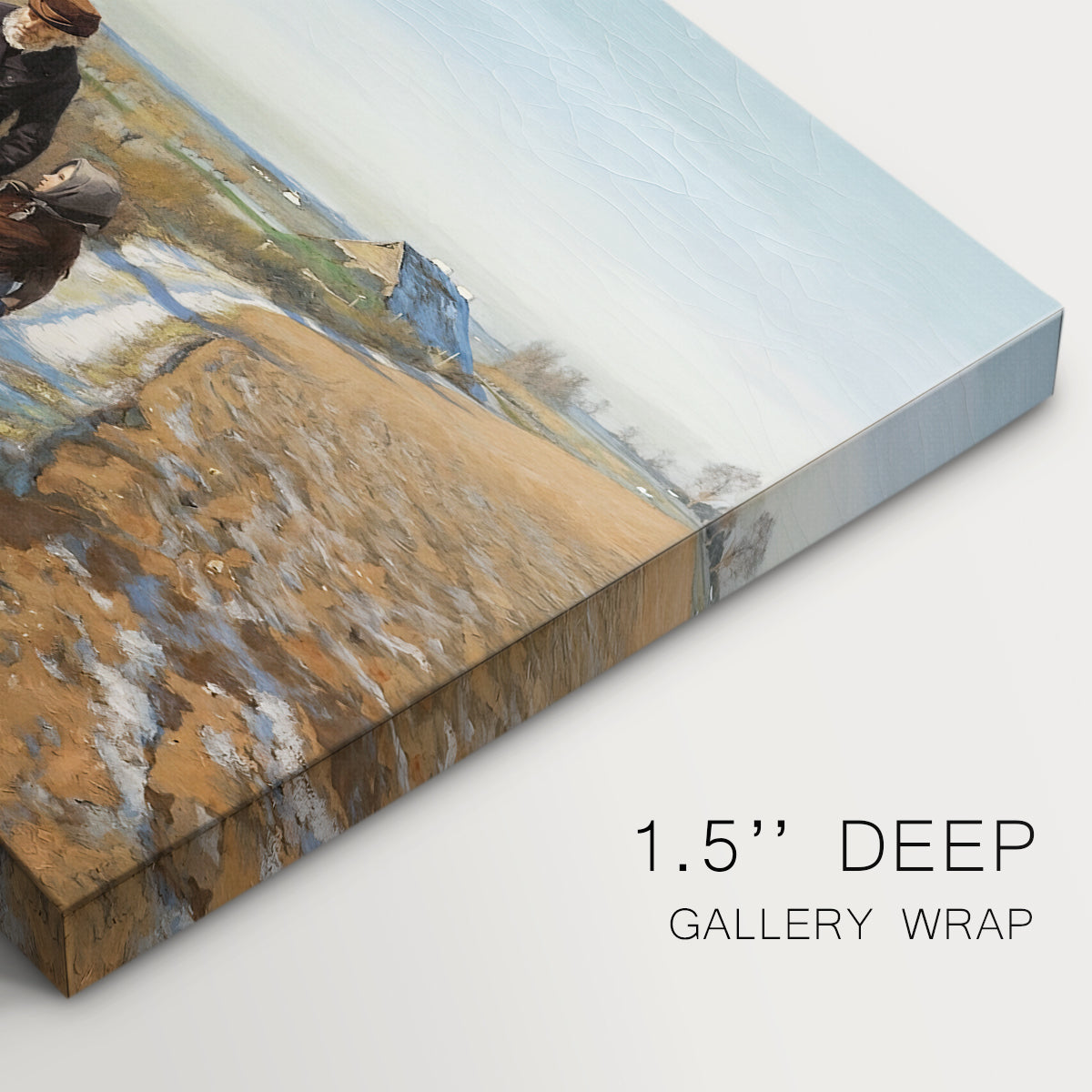 Canvas art print of an elderly man and child walking together along quiet rural path, highlighting texture and gallery-wrapped edges
