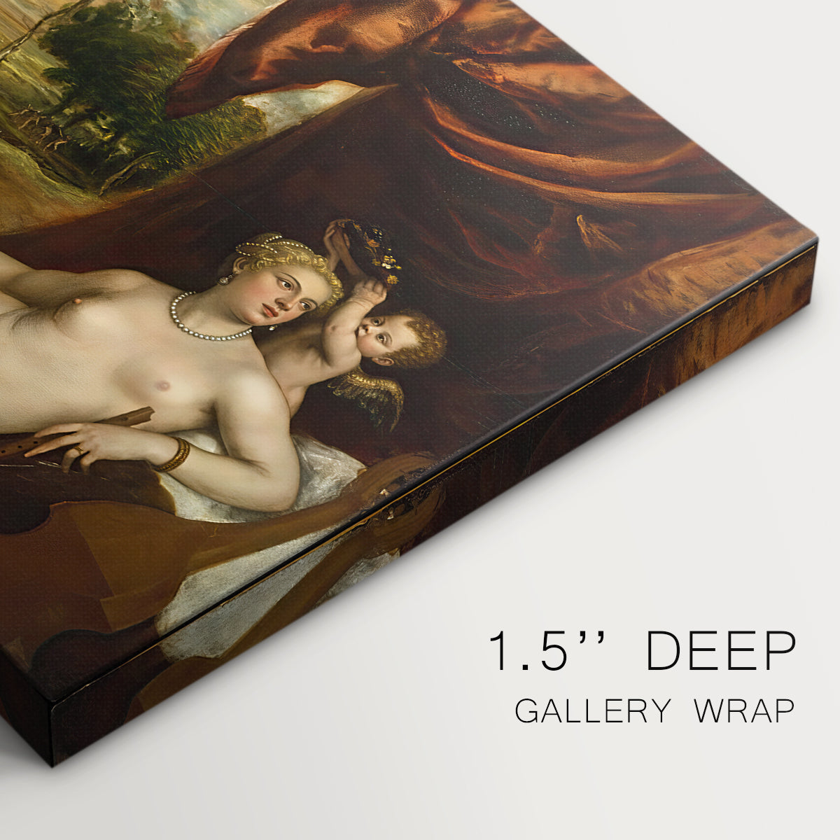 Canvas art print of a reclining nude woman with lute player in romantic pastoral setting, highlighting texture and gallery-wrapped edges