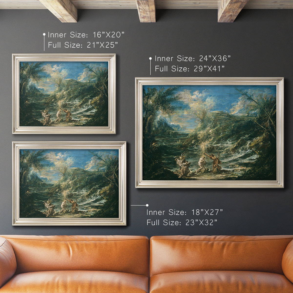 Religious landscape depicting the baptism of Christ by Alessandro Magnasco in an ornate champagne frame shown in multiple size options.