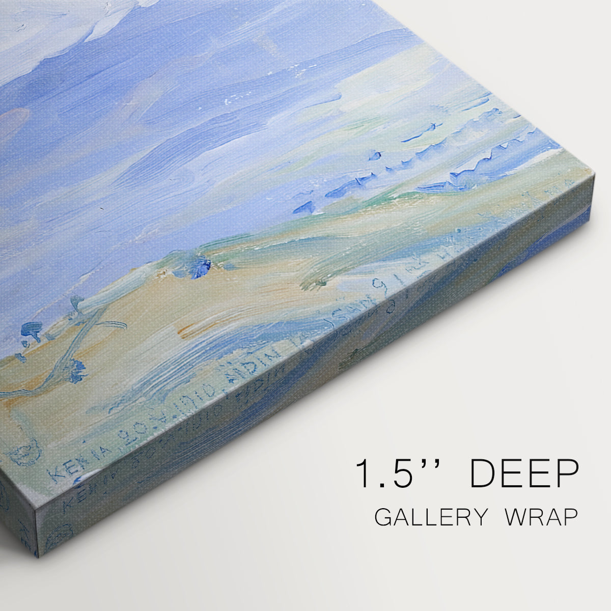 Close-up of a gallery-wrapped canvas corner showing a calm landscape of rolling terrain with soft natural tones, highlighting texture and print detail.